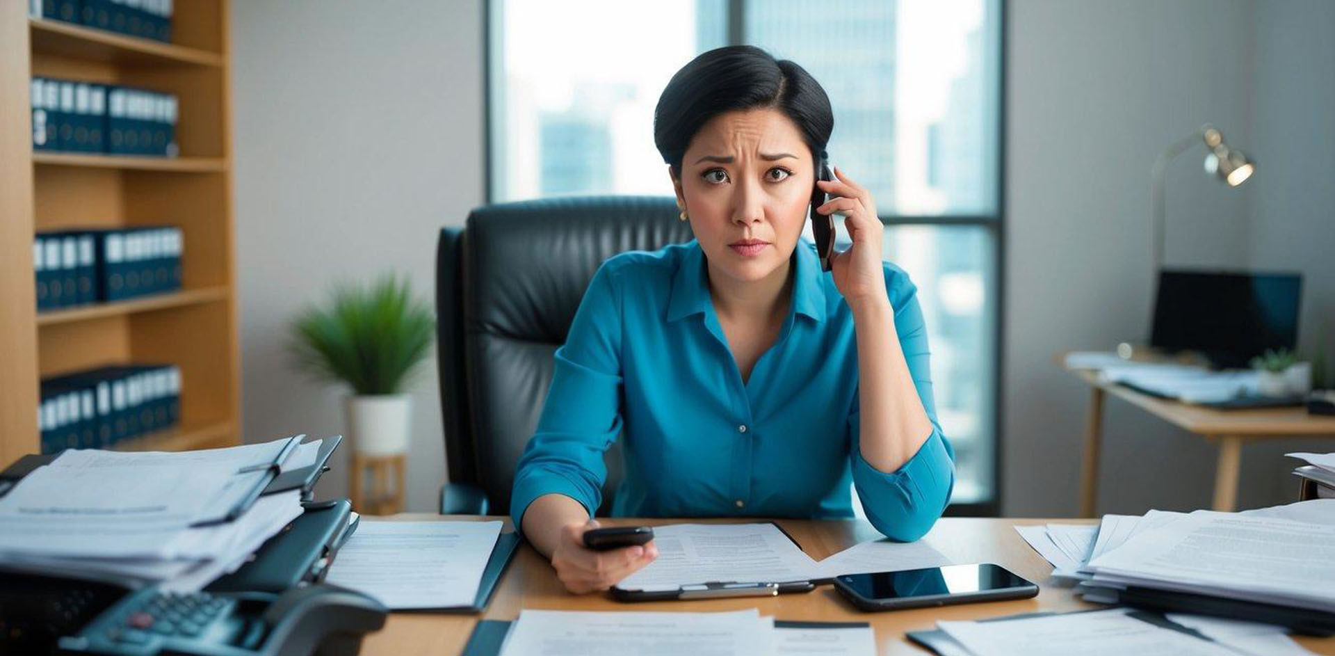 A person sitting at a cluttered desk, surrounded by legal documents and a phone, with a worried expression on their face