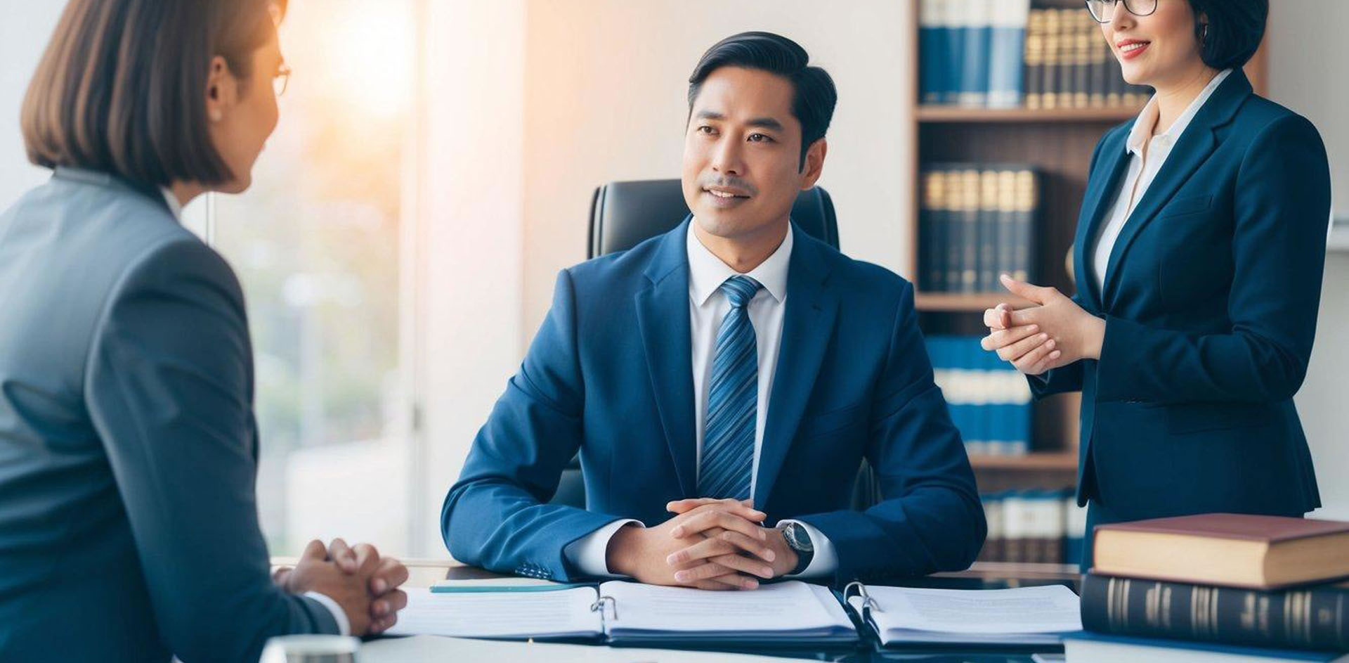 A person sitting at a desk, surrounded by legal documents and law books, speaking with a confident criminal defense attorney