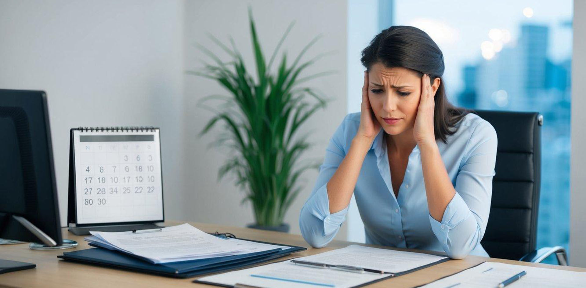 A person sitting at a desk, surrounded by legal documents and a calendar, looking stressed and confused