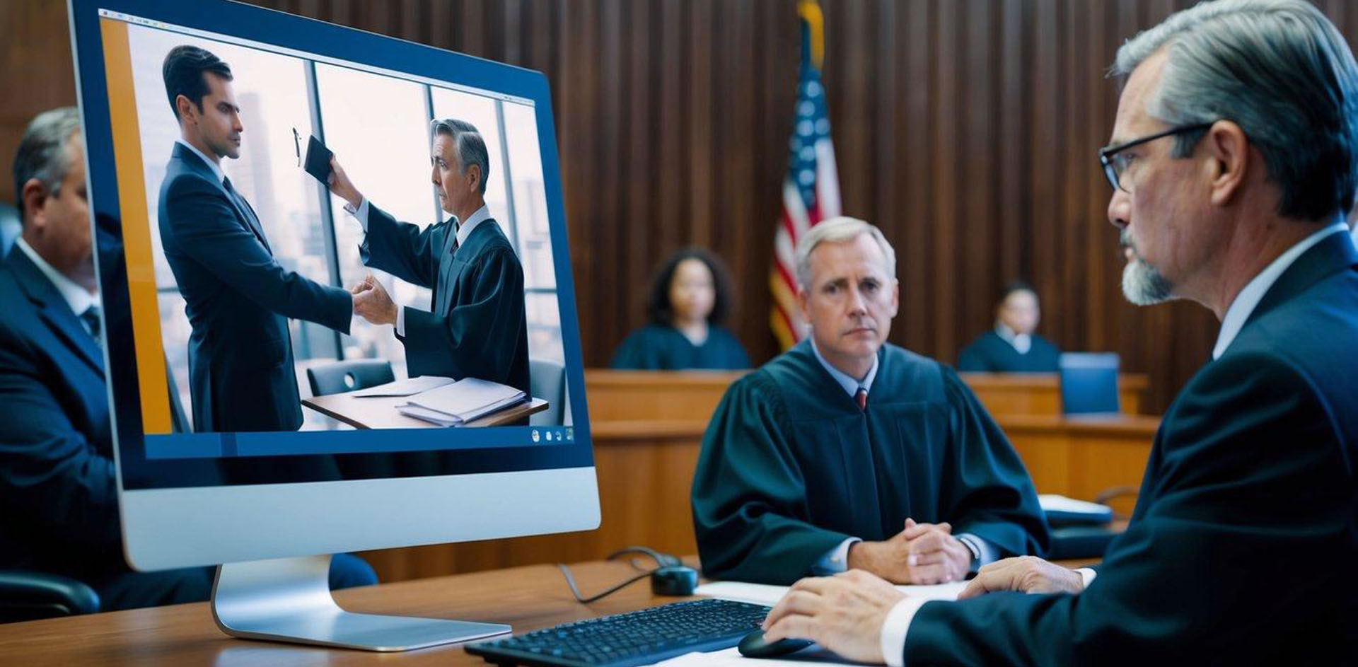 A computer monitor displaying a courtroom scene with a judge handing down a sentence to a defendant for a computer crime in Arizona