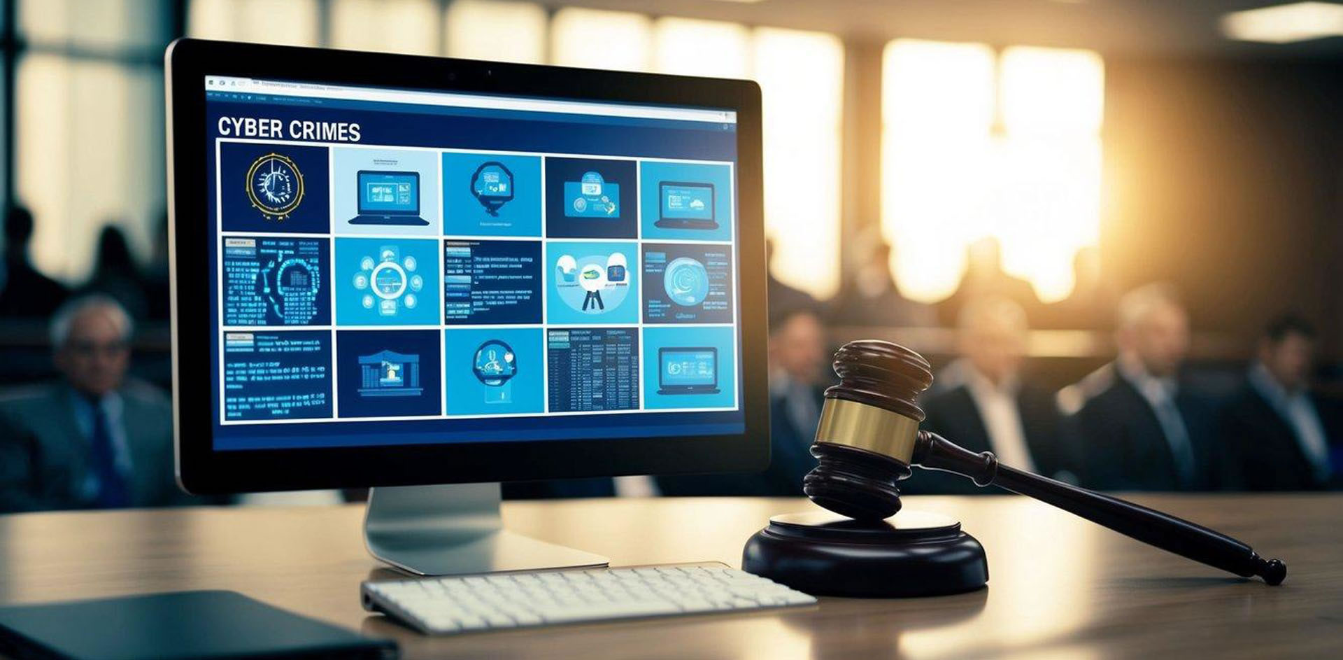 A computer screen displaying various types of cyber crimes and a gavel symbolizing penalties in a courtroom setting