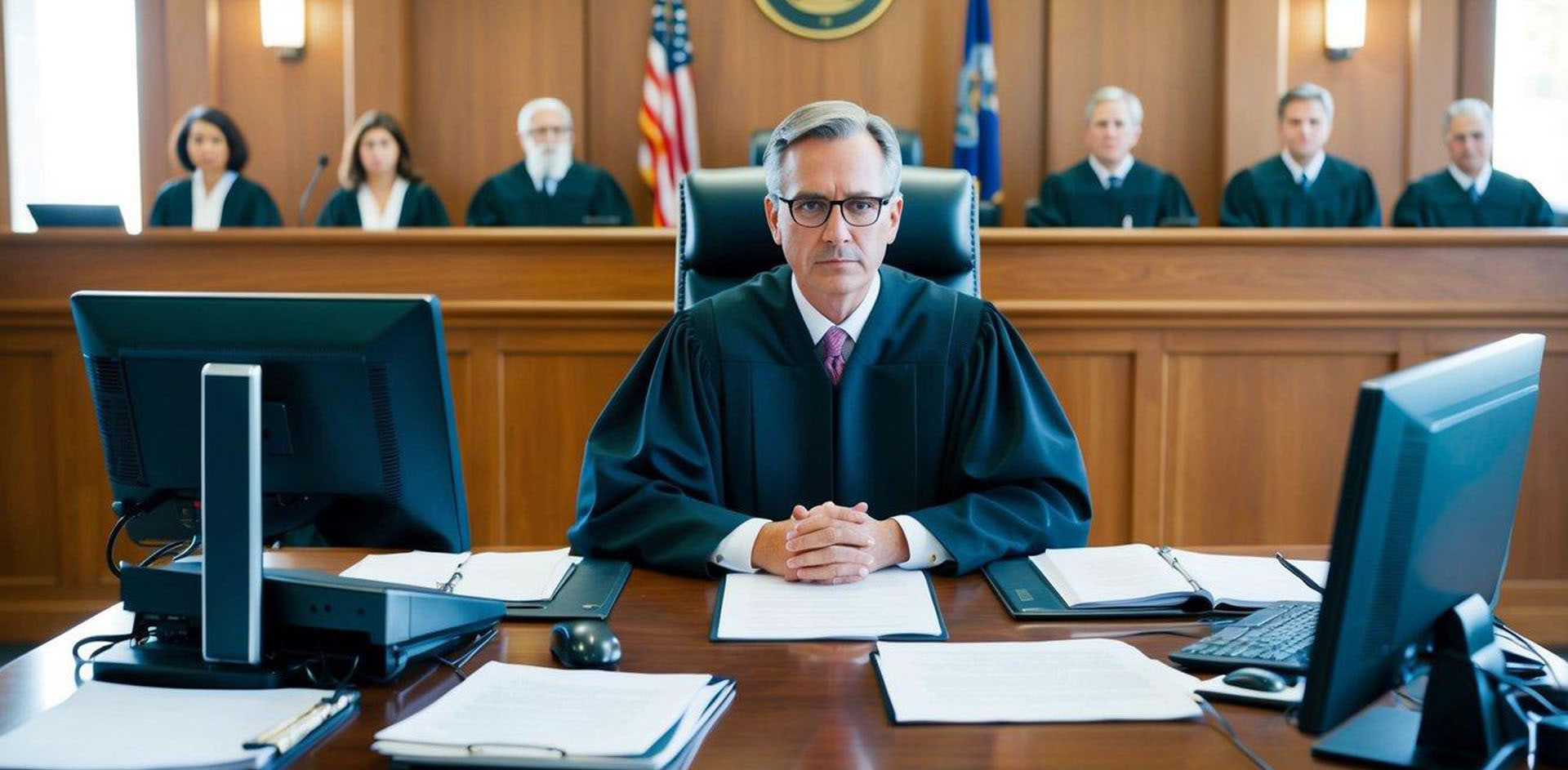 A courtroom with a judge, jury, and defendant, with legal documents and computer equipment as evidence